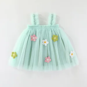 Hot Sale Summer Baby Girl Tulle Dress Floral Embroidery O-Neck Sleeveless Strap Sling Layered Floral Elegant Floral Design