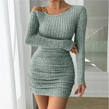 Women 2025 Sexy Solid Long Sleeve Solid Color Knitwear Dress Metal Buckle Buttocks Slimming Bodycon Sweater Dress
