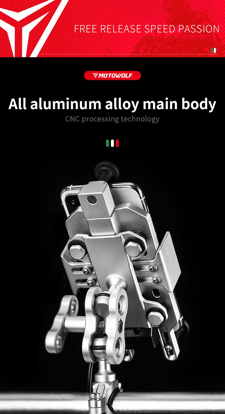 Motowolf Motorcycle aluminum alloy anti-shake and anti-shake wireless fast charging Motorbike mobile phone holder with charger