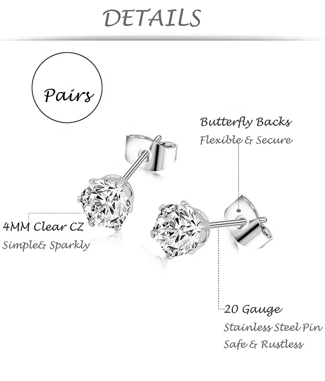 Secure Screw Back Stud Earrings Set - 6 Pairs 3-8mm Stainless Steel CZ