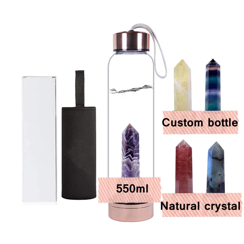 Eco Friendly Cylinder Tube Box Natural Crystal Point Rose Gold Lid Water Bottle for drinking water