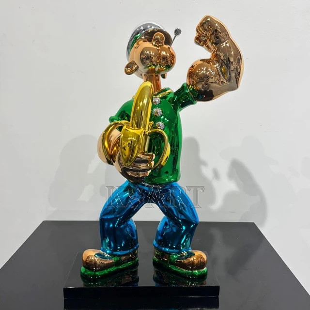 Electroplate Pop Art Popeye Sculpture Creative Fiberglass Popeye Figurine Home and Gallery Decoration Resin Crafts