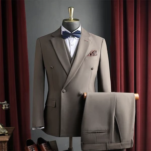 Men's Formal 2-PC Slim Fit Business Suit Set Double Breasted Jacket Breathable Worsted Fabric Luxury Evening Wear