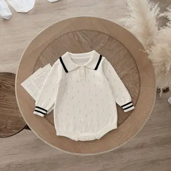 2025 Ins Spring and Autumn Korean Style Cotton Infant Clothes Cute Triangle Crawl Suit with Reverse Collar Knitted Rompers