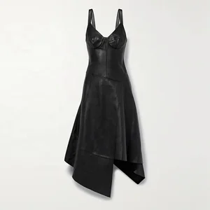 Clothing Manufacturer Custom Spring Summer Black v Neck Sleeveless Asymmetrical Leather Women Elegant Casual Midi Dress