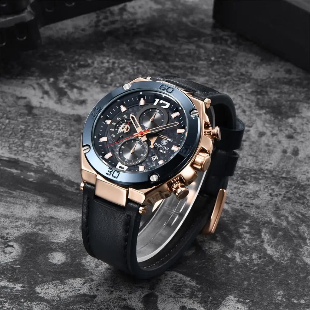 腕時計 Benyar 5151 Luxury Leather Watch for Men - Waterproof Quartz