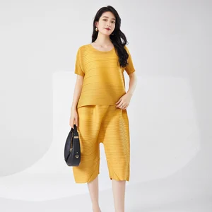 Miyake Pleated Women's Classic Solid Color Fashion Set Plus Size Loose Casual Elastic Irregular Top and Pants Two-Piece Set