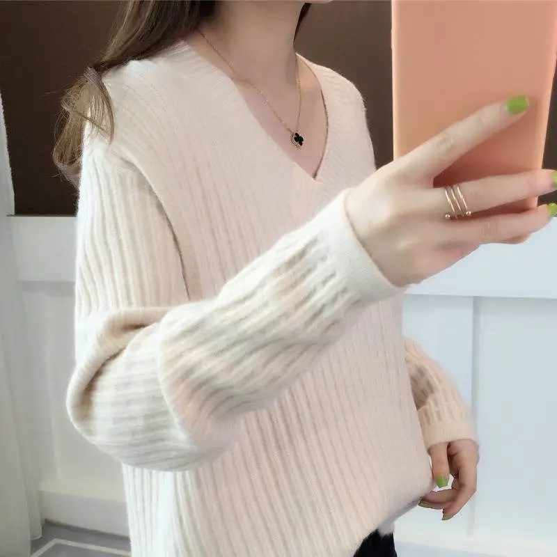 女装秋季服装2021实心针织v领毛衣chompa毛衣女钩针毛衣套头 - buy