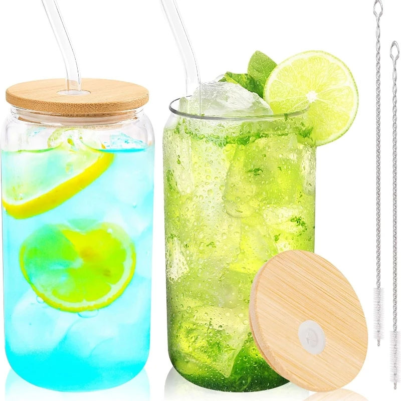 Verres à Boire Canette De Bière Avec Couvercles Et Paille 12oz 16oz 24oz Tasses à Café Glacées Avec Couvercles En Bambou Pour La Maison Et Le Bar