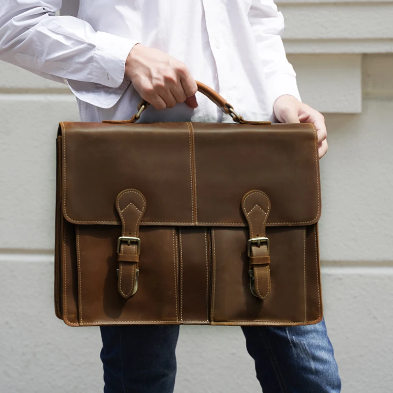 Custom Logo Retro Vintage Men Large Capacity Crazy Horse Genuine Cow Leather 17 Inch Laptop Bag Briefcase for Men