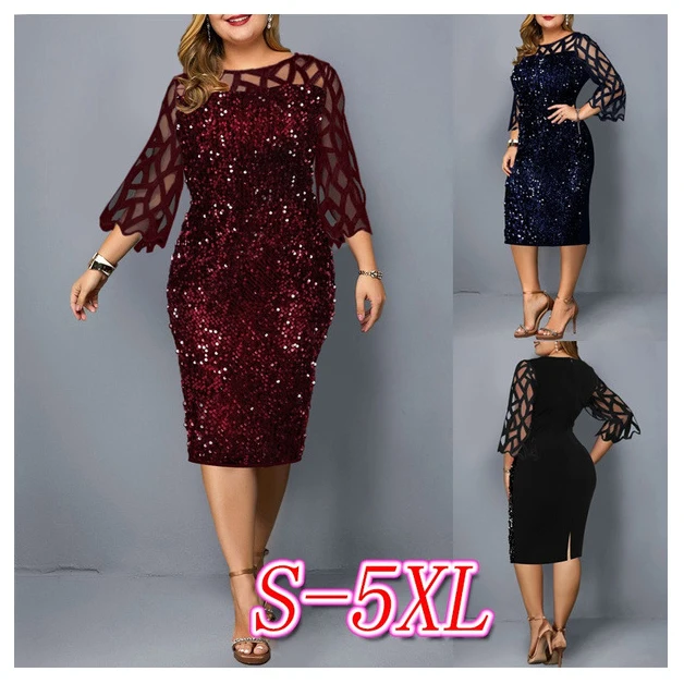 Party Dress Plus Size Ladies Midi Sequin Mesh Long Sleeve Lace Elegant Bodycon M-5XL Evening Dresses Woman Summer 2022