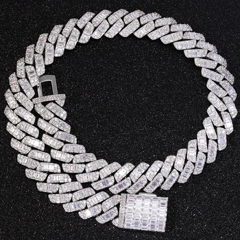 VVS Moissanite Cuban Link Chain Necklace Custom Iced Baguette Straight Line Cuban Chain Hip Hop 925 Silver Jewelry