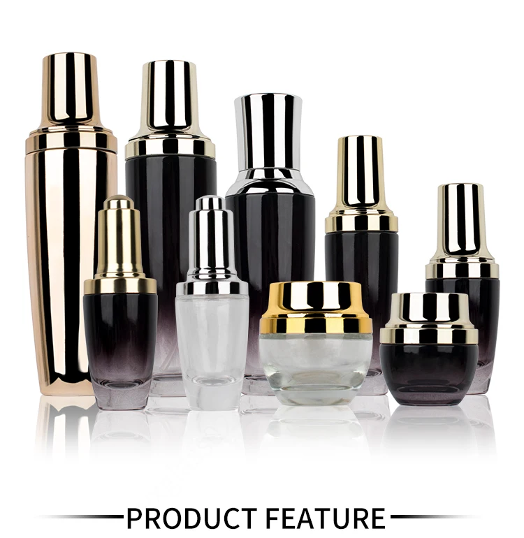 Skin care cosmetic packaging shiny gradient black 30ml 50ml 100ml 120ml 30g 50g cosmetic jar and bottle set supplier