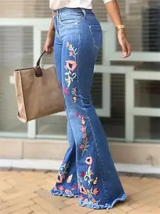 2026 Summer Women's High-stretch Embroidered Knitted Mid Solid Flare Pants Vintage Elegant Versatile Casual Denim Jeans