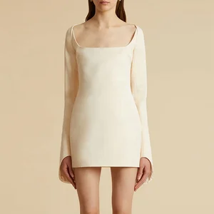 Clothing Manufacturer Custom Spring Autumn Khaki square Neck Long Sleeve Elegant Casual Satin Women Cotton Mini Dress