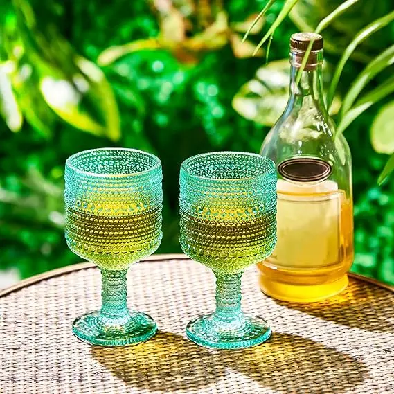 Unique Embossed Pattern High Clear Stemmed Glassware Wedding Party Bar Drinking Cups Green Golden Amber Beads Glasses Cup