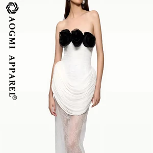 Haute Couture Luxury Fashion Ladies 3D Flower Pleated Satin Fabric Stitching Mesh Sleeveless Knee-Length A-Line Dress