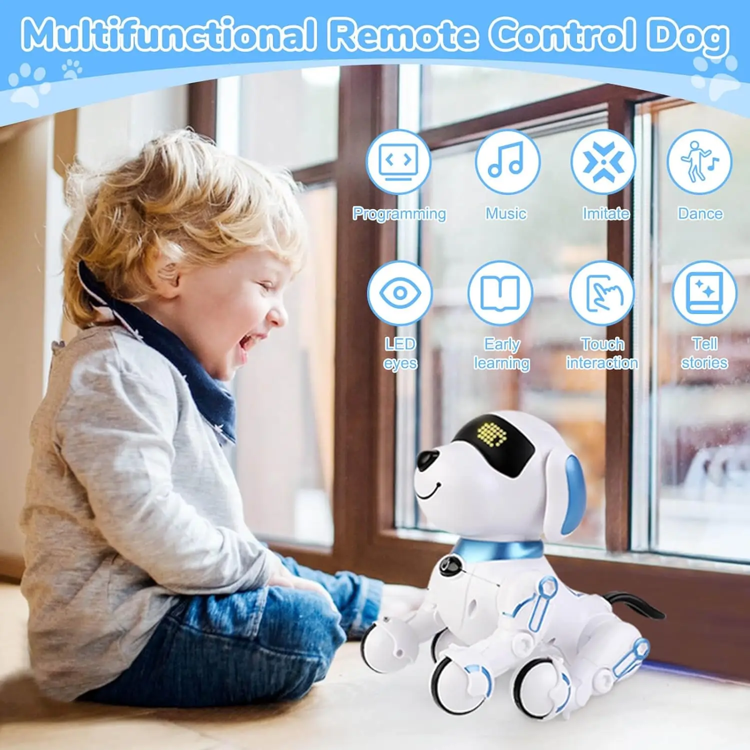 Chien Robot Télécommandé Interactif – 20 Fonctions, Programmable, Contrôle Gestuel, Rechargeable – Cadeau Enfants 3-12 Ans (bleu)