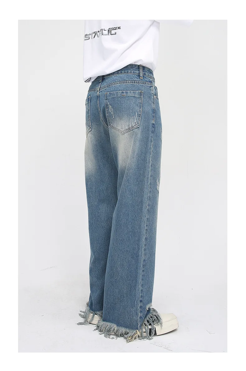 Custom Men 2023 Spring Ins Style Raw Edge Hole Ripped Bottom Loose Straight Jeans Male Boys Fashion Jeans Pant Design