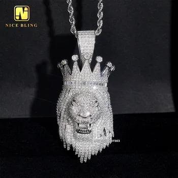 Baguette Moissanite Diamond Lion King Pendants Hip Hop Iced Out Diamond Jewelry Custom Lion Pendants 925 Sterling Silver
