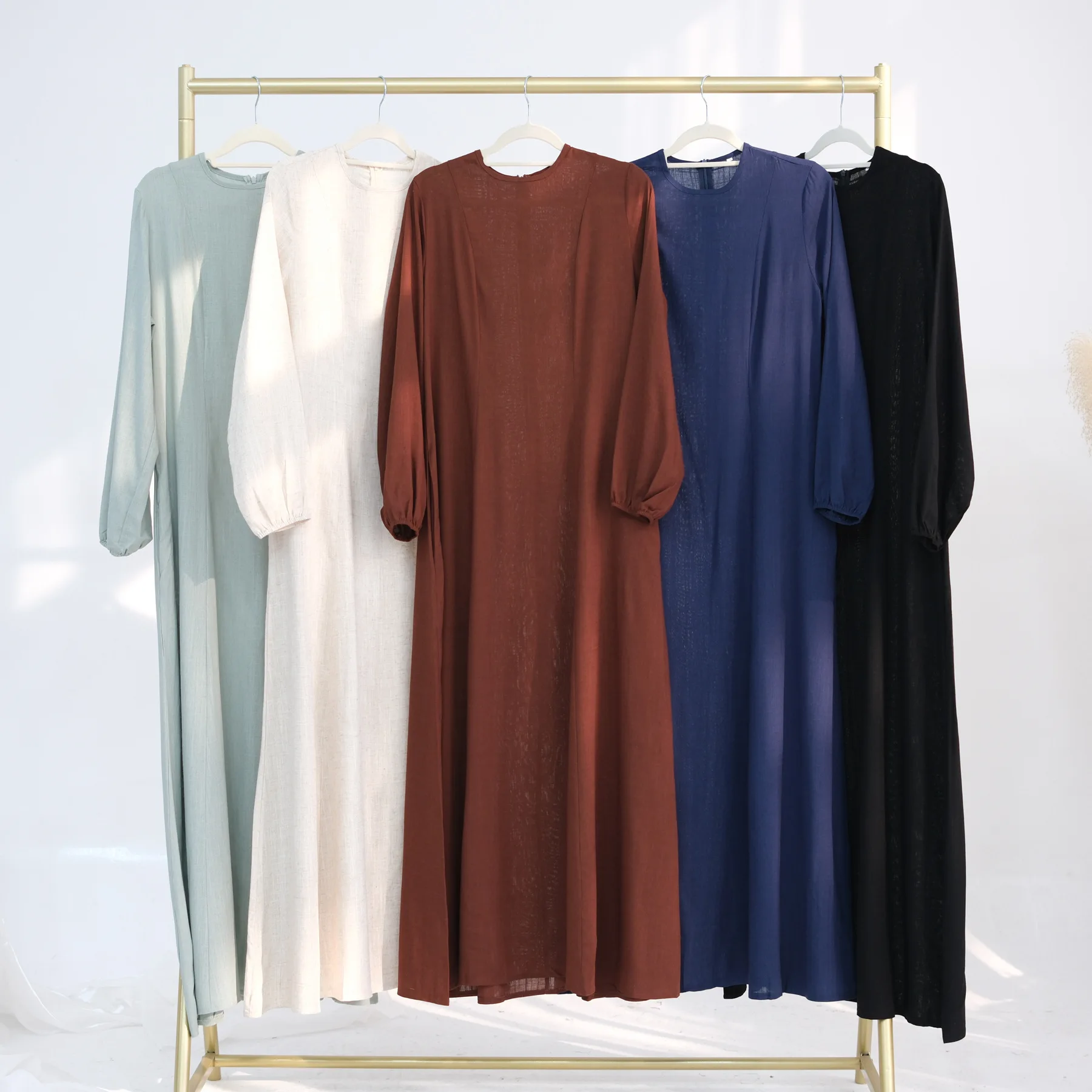 Crew Neck Modest Dress Linen Abaya Kimono Dubai Turkey Close Abaya Kaftan Muslim Dress Islamic Clothing Women Maxi Dress
