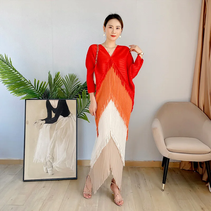 2023 New Woman Plus Size Evening Dresses Tassel Red Dress Miyake Pleated Woman Casual Dresses Summer Natural Polyester