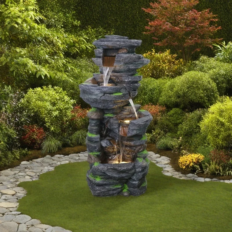 Large Outdoor Rockery Fountain With LED Lights – 32.6" Resin Garden Water Feature-960169
