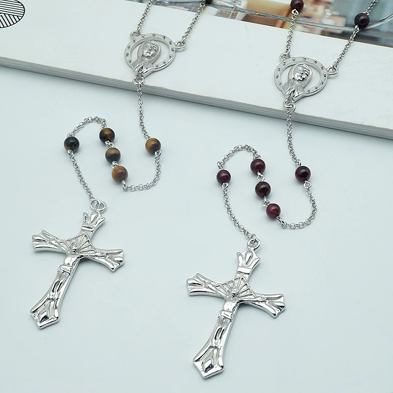 Natural Stone Rosary Catholic Necklace in 925 Sterling Silver