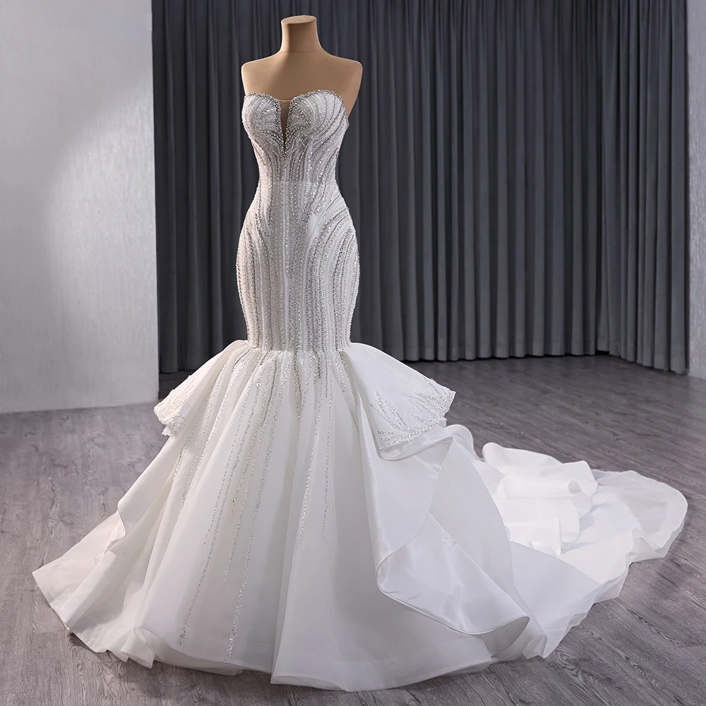 White Mermaid Tulle Pearls Strapless Wedding Dress Sequin Ruffled Trail  Wedding Gown RSM241034