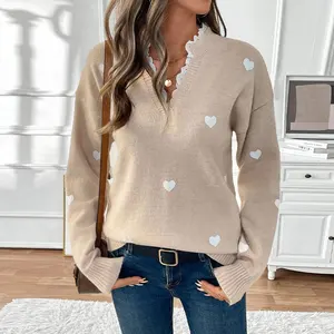 Heart-shaped printed knitted sweater, stand-up collar lace patchwork Valentine's Day knitted sweater, women's casual wear