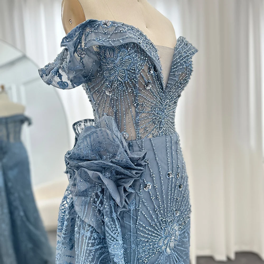 【EEUN】Mermaid Dress Strapless Velvet Mermaid Gown with Floral Applique 38496