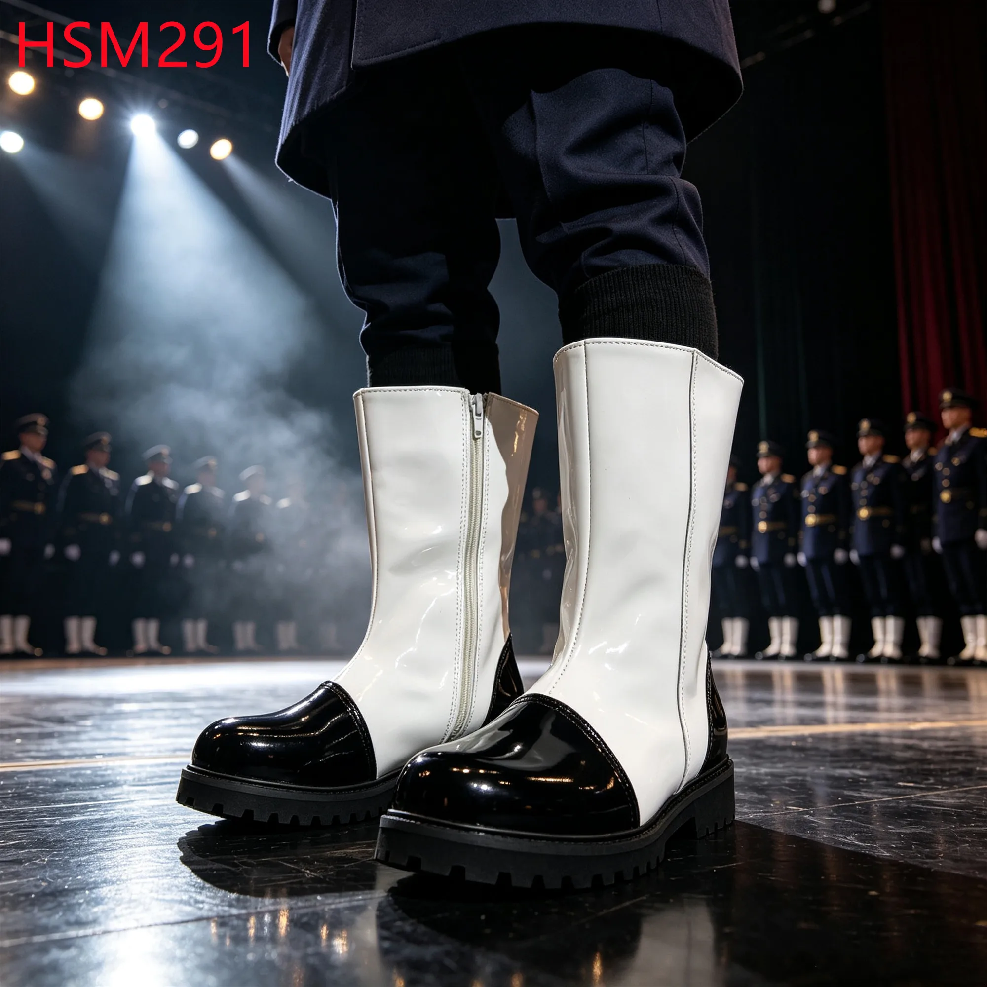 XYM,Qatar Side Zipper Design Top Hua Singh Performance Boots Ceremonial Event Black+white Patchwork Leather Stage Boots HSM291