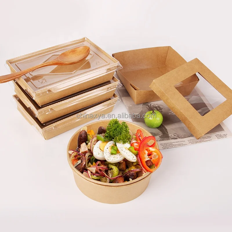 XYA disposable takeout lunch box Creative Kraft Paper Square Bottom Salad Bowl With PET /PP Lid details