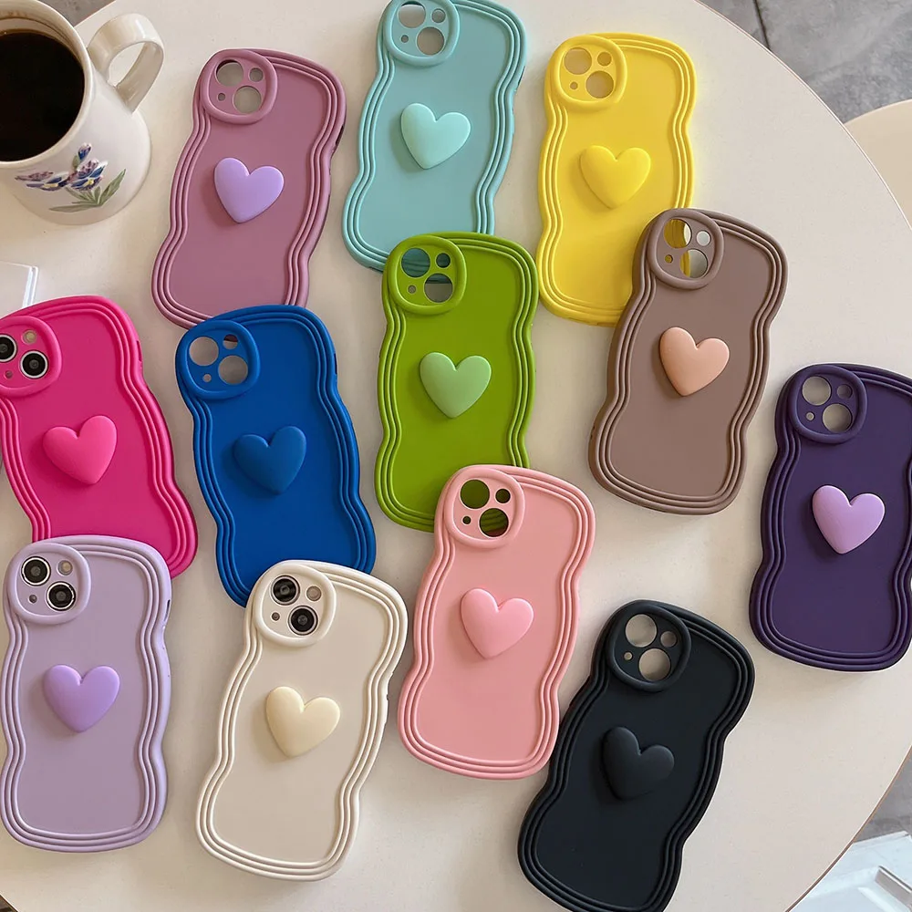 Laudtec Sjk914 Cute Love Phone Case 3D Heart Shockproof Cover Wave Frame Pure Colour For Iphone 16 15 14 13 Plus Pro Max