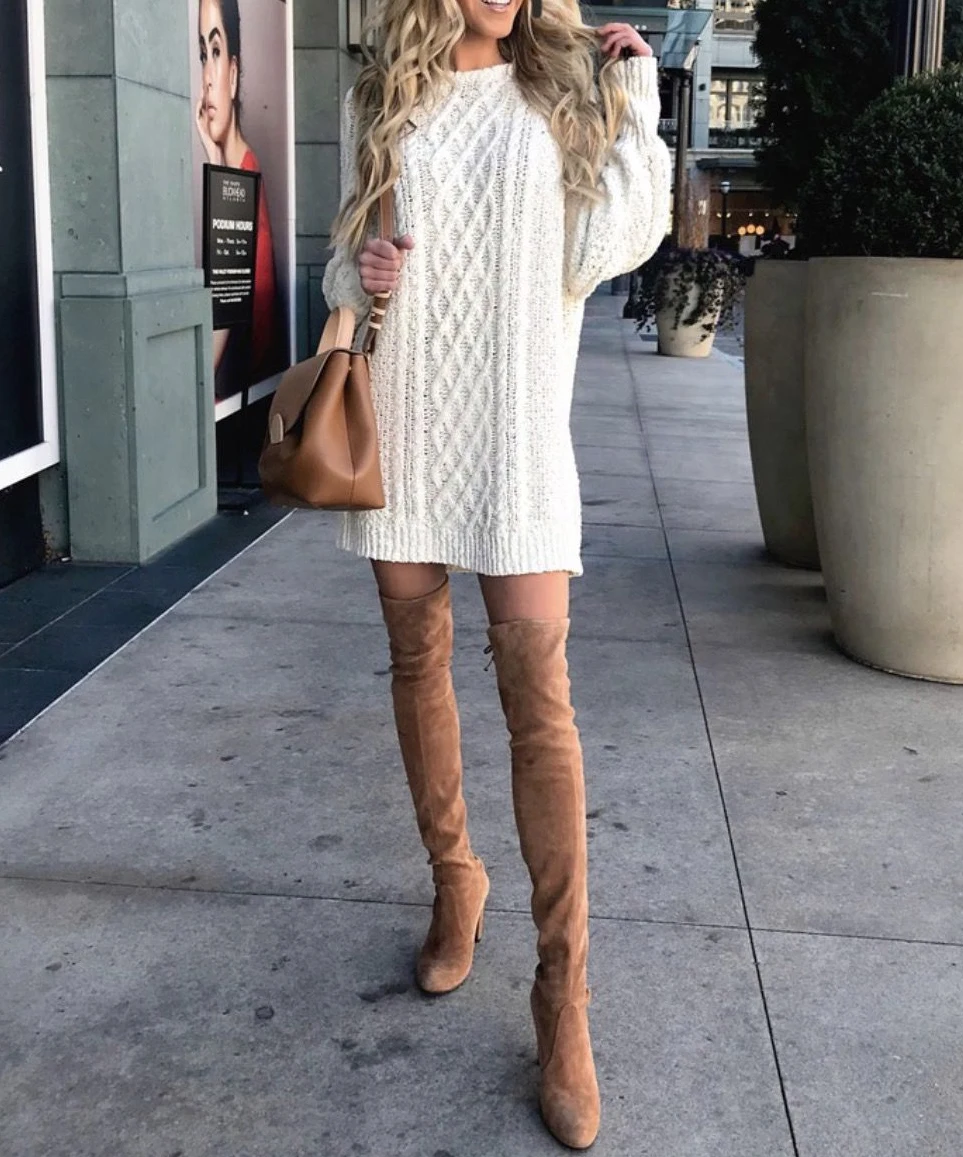 Custom Elegant Fall 2021 Women's Long Sweater Dress Loose Casual Style with  Natural Waistline Woven Weave Simple Fashion Element