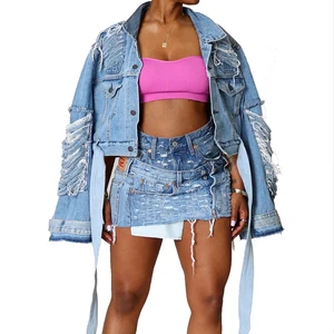 High Quality Washed Distressed Denim Two Pice Set Summer Women Clothes Denim Plus Size Jacket Jeans Patchwork Skirt Set