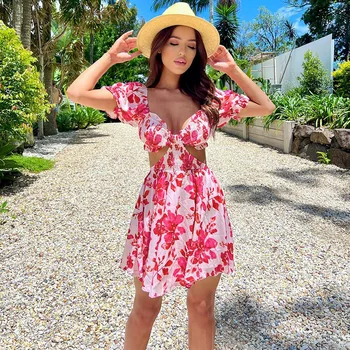 2022 Summer New Clothes Puff Sleeve Back Elastic Design Fashion Dresses For Women Hollow Out Elegant Sweet Beach Floral Dress