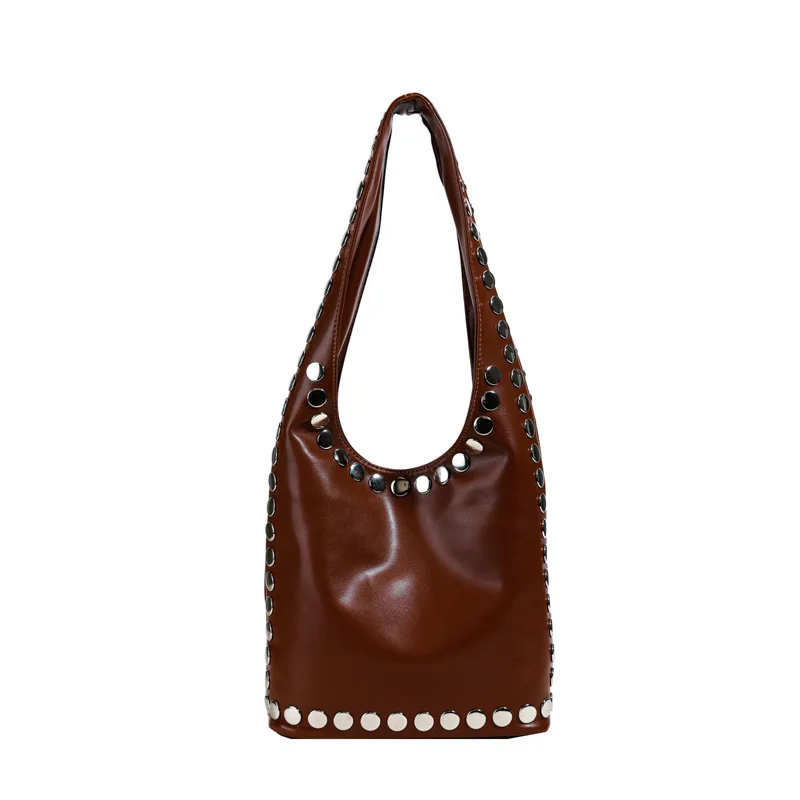 Y2K PU Leather Studded Shoulder Bag - Large Capacity Tote