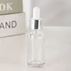Botellas cuentagotas de vidrio transparente + anillo de plata + caucho blanco
