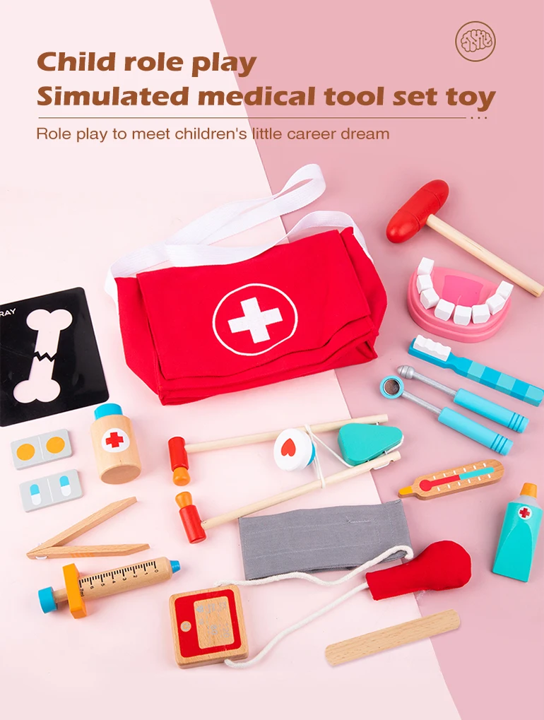 Educational kids pretend play toy wooden medic kit toy doctor set simulated medical kit wooden dentist toy set with satchel bag