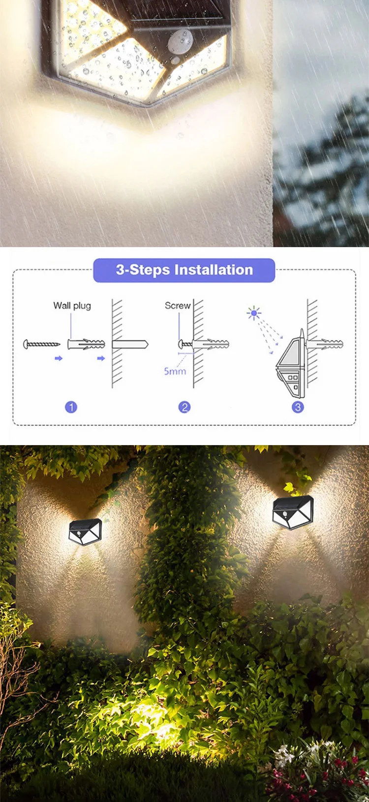 High Quality Cheap Price Outdoor Solar Powered Garden Lamp 100 LED Waterproof Motion Sensor Solar Wall Garden Lights