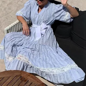 Factory Wholesale Blue Lace Empire Waist Midi Dress Women's 2026 Spring Seaside Holiday Short Puff Sleeve Flower Embroidered