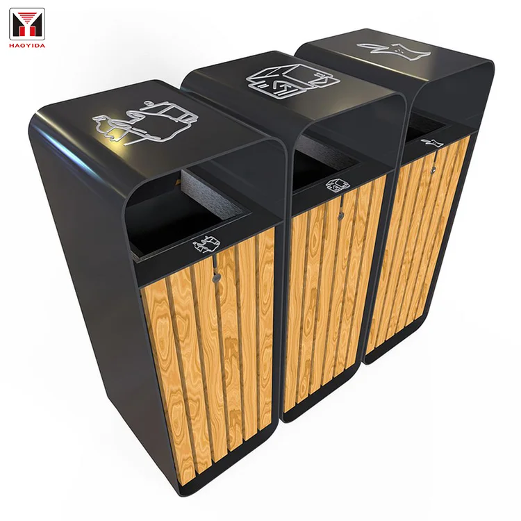 Wholesale Three Compartment Recycle Bin Unique Dustbin Trash Can for City Wooden Dustbin with Lid
