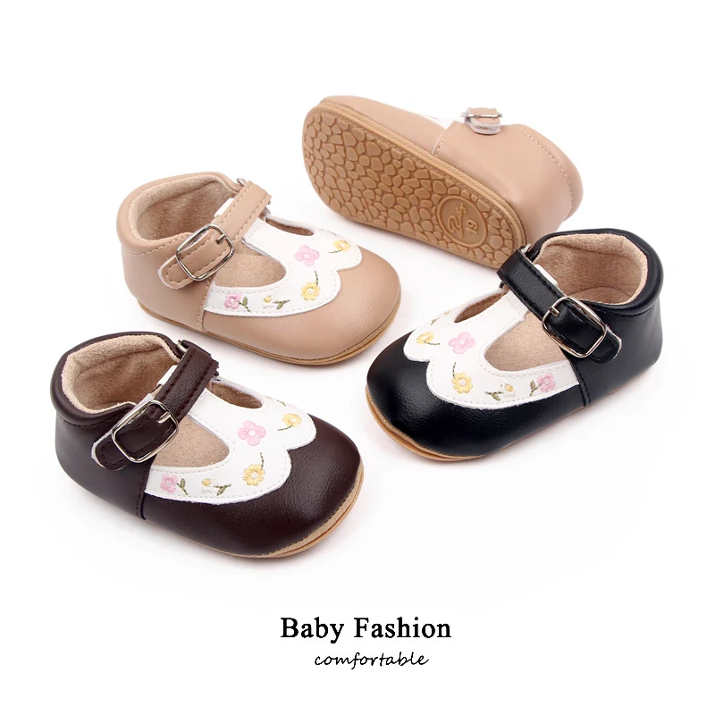 Wholesale Beautiful Flower Embroidery Soft PU Leather Spring Autumn Baby Toddler Girl Shoes Princess Girl Shoes