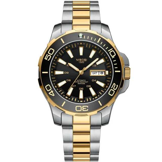NIBOSI 2595 jam tangan mekanis otomatis pria, jam tangan kalender lengkap  baja tahan karat jam tangan bercahaya untuk pria