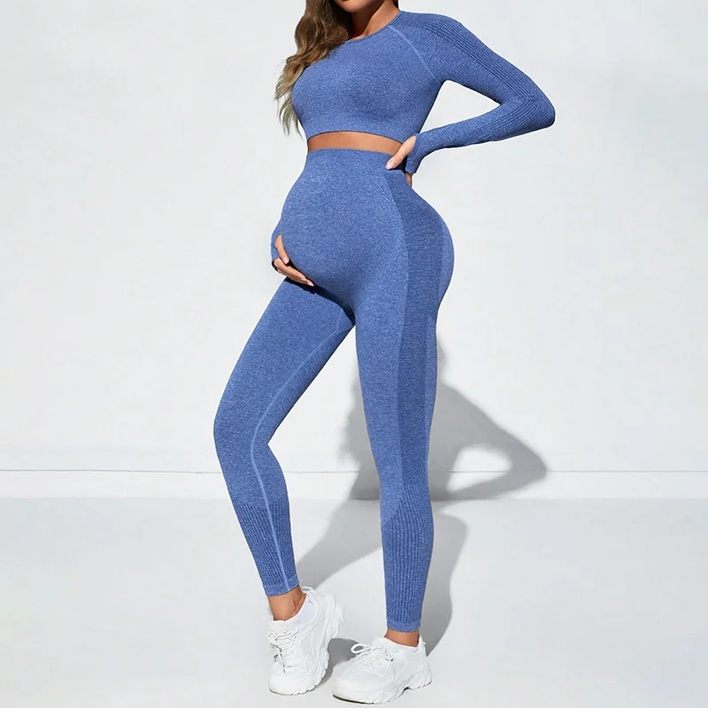 Seamless Knitted Pregnant Women Long Sleeve Yoga Set Europe America Sexy Abdominal Support Peach Hip Tight Maternity Sports Set