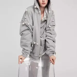 Huili Custom Logo 100% Cotton Zip up Jacket Women's Oversized French Terry Top Heavyweight Loose Y2K Pearl Embellished Hoodie