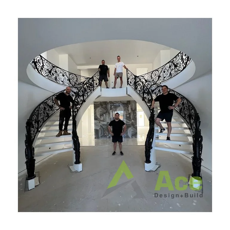 Villa Projects Curved/arched Double Beam Staircase with LED Stairs Light Solid Wood Tread