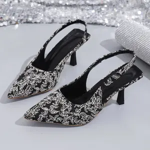 2026 Summer New Pointed Toe Floral Fashion Sandals Women British Style Backless Large Size PU Upper Rubber Outsole High Heel