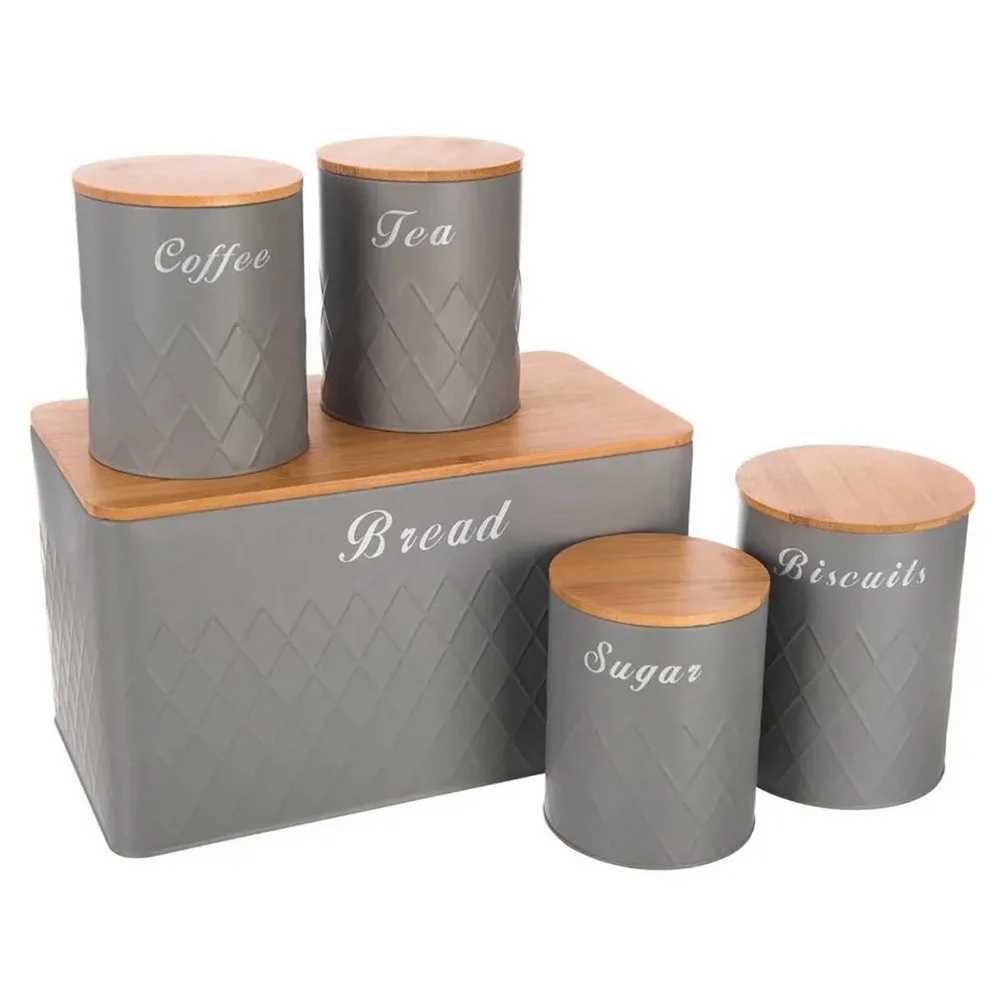 Galvanized Metal 5pcs Grey Tea Coffee Sugar Jar Bread Bin Box Container